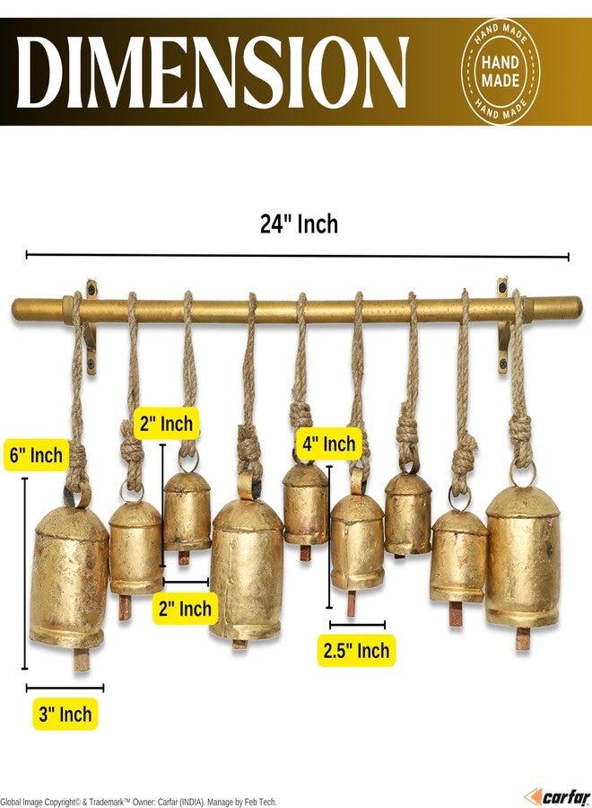 Carfar Rustic Gold Cow Bell Chime Set - Small 9-Bell Design on 2-Rod Hanging Bar with 2", 4", and 6" Vintage Bells for Home and Garden Décor - Image 2